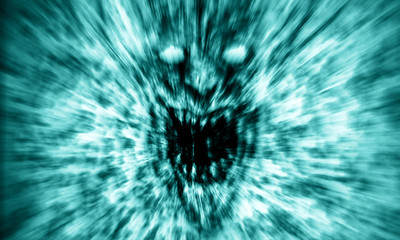 Angry demon face screams in fire. Blue color.