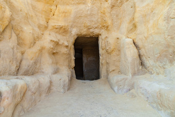 Matala beach. Caves on the rocks were used as a roman cemetery and at the decade of 70's were living hippies from all over the world, Crete, Greece