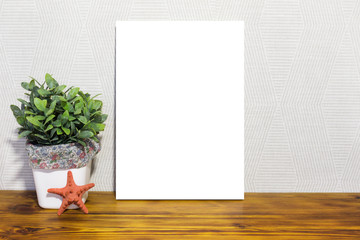 Mockup poster frame in neutral interior. Vertical white poster with copy space for text or photo.