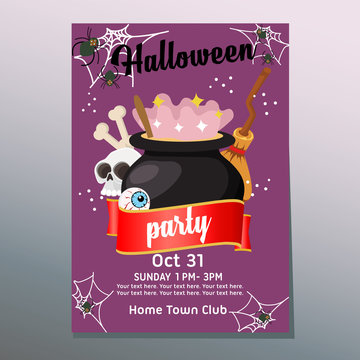 halloween party poster with potion pot in flat style