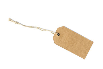 Blank brown cardboard price tag or label isolated on white background.