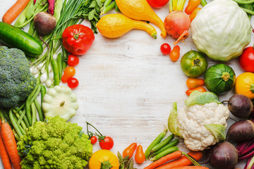 Fresh farm produce, colorful frame made of assorted vegetables and herbs on white wooden background, healthy background, copy space for text in the middle, top view, selective focus