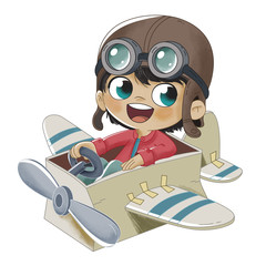 Niño jugando con un avión hecho de cartón