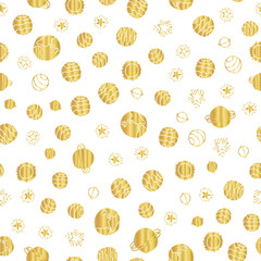 Gold foil space planets seamless vector pattern background. Golden hand drawn cosmic elements, planets, stars on white backdrop. Great for children, school supplies, kids decor, gift wrap, birthday © StockArtRoom