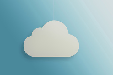 A view of a white cloud suspended on a thread on a blue, bright background. White, empty cloud with the option to supplement with content. Content-filling concept.