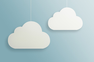 Fototapeta premium A view of two white clouds suspended on a thread on a blue, bright background. White, empty clouds with the possibility of completing the content. Content-filling concept.