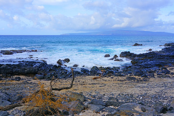 View of black lava rock and blue ocean at the Ahihi-Kinau Natural Area Reserve, on the West shore...