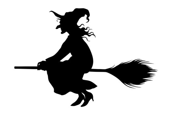 Vector witch flying on a broomstick on white background.