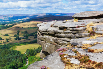 Peak District National Park, Derbyshire, England. Rock formations, stacked stones in Stanage edge,...