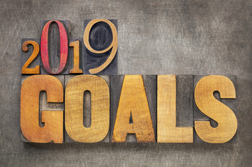 2019 goals banner in wood type goals in letterpress wood type