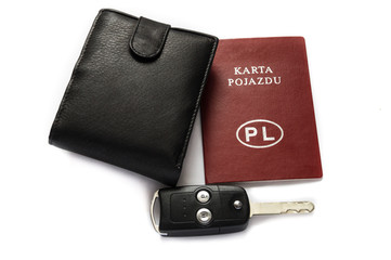 Karta pojazdu, portfel i kluczyk samochodowy.  - obrazy, fototapety, plakaty