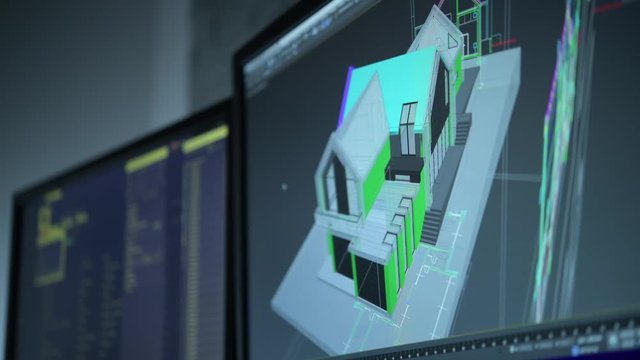 Computer Screens Inside Architectural Studio. Modeling Home in 3D.