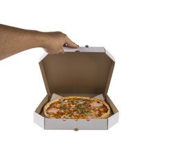 pizza in a box on an isolated white background