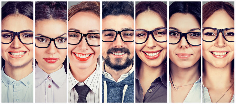 Multiethnic group of happy young women in glasses and one cheerful guy