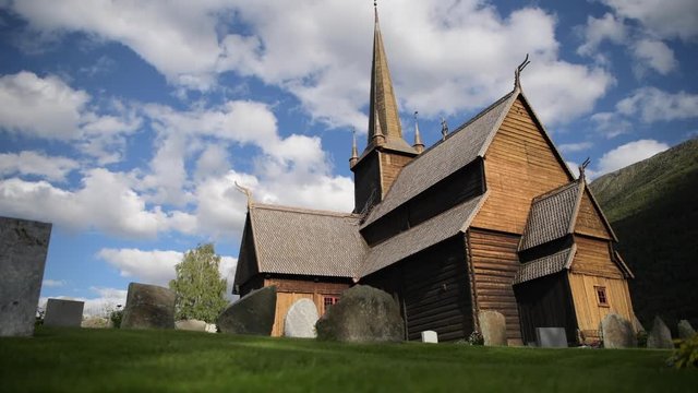 Norwegian Lom Stave Church During August Sunny Day.