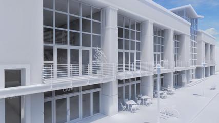 Trade and office center with many shops, cafes and restaurants. Cultural and entertainment space of the urban environment. 3d rendering.
