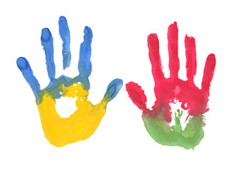 two flags of Ukraine and Belarus. flag in the form of a handprint. brotherhood of nations