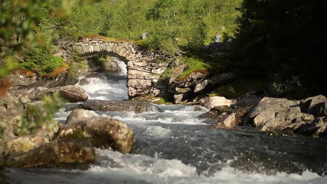Mountain River with Stone Bridge. Summer Norwegian Landscape