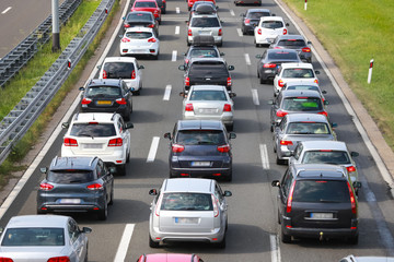 Rear view of traffic jam of lined up cars