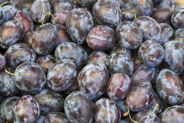 ripe blue plums stacked together without leaves, close-up
