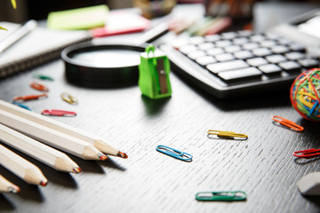 Back to school concept. School and office supplies on office table