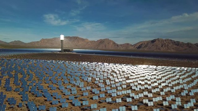Drone aerial over a vast solar power generating facility at Primm, Nevada.