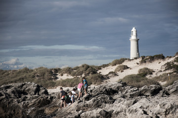 ROTTNEST ISLAND, AUSTRALIA : MAY 31 2013 - The Bathurst lighthouse at the background with kids...