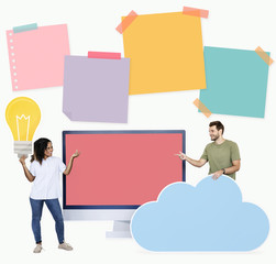 People holding ideas and cloud computing icons