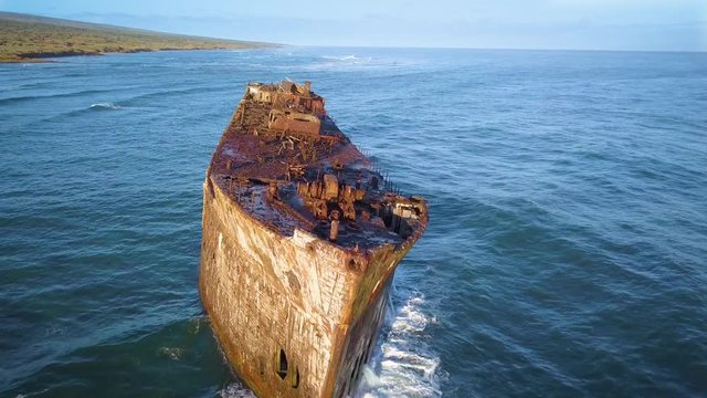 Beautiful aerial over the Kaiolohia shipwreck on the Hawaii island of Lanai.