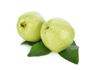 whole fresh guava with leaves on white background