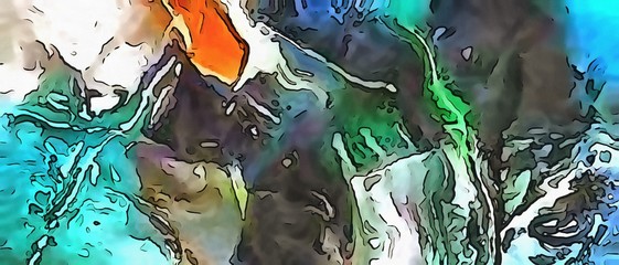 Abstraction painted in oil. Colorful texture background. Multicolored wallpaper graphic design. Pattern for creating artworks and prints. Abstract psychedelic art, Stock. Graphic drawing on paper.