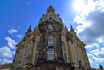 Fototapeta na wymiar Frauenkirche Dresden with blue sky, backlit by sun