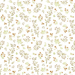 Akwarela bezszwowy wzór z ślicznymi małymi liśćmi i żółtymi jagodami na białym tle - 220319338