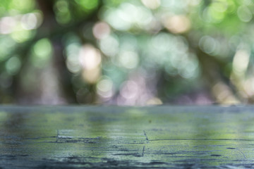 Obraz na płótnie Canvas Wooden table top with blurred bokeh greenary nature background