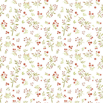 Watercolor seamless pattern with cute little leaves and red berries on white background