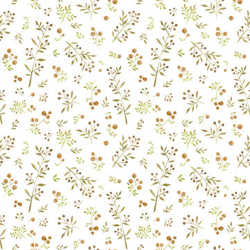 Watercolor seamless pattern with cute little leaves and yellow berries on white background