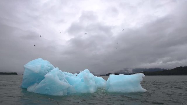 Iceberg in dark choppy waters with birds flying around