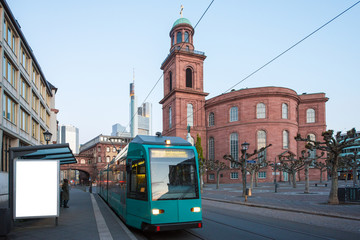 Tram with Frankfurt am Main skyscrapers at morning in Frankfurt, Germany. © Prasit Rodphan