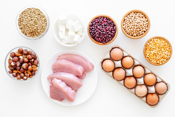 Healthy food. Products rich protein and fiber. Legumes, nuts, low-fat cheese, meet, eggs. Raw...