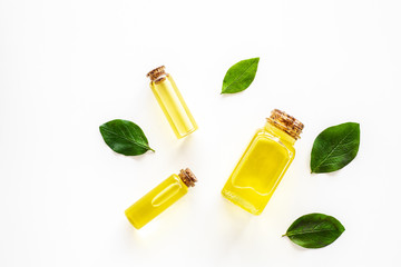 Tea tree essential oil near tea tree leaves on white background top view copy space