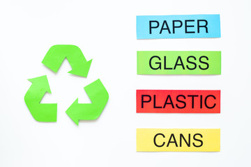 Matherials suitable for recycle near green recycle eco symbol. Words paper, glass, plastic, cans on white background top view copy space