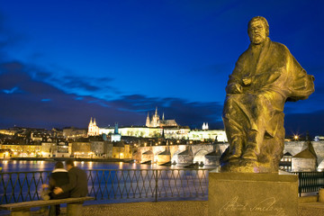 night view of Prague castle and Charles bridge over Moldau river, Lesser town, Prague (UNESCO), Czech republic