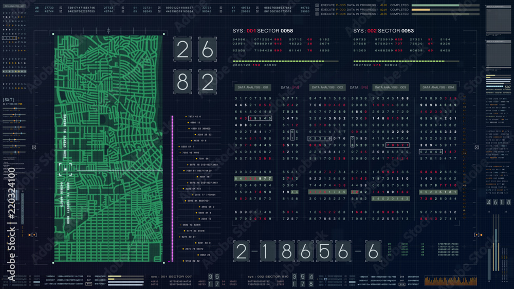 Poster Abstract running numbers code hacking source code and map digital data holographic city buildings and information technology animation for head up display and user interface background