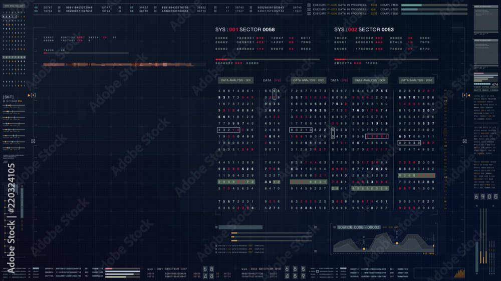 Poster Abstract running numbers code hacking source code and map digital data holographic city buildings and information technology animation for head up display and user interface background
