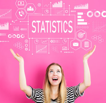 Statistics with young woman reaching and looking upwards