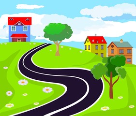 Countryside view green hills, road. Vector art