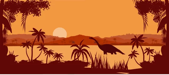 Papier Peint photo Lavable Brun panorama vectoriel du lac tropical préhistorique, avec des silhouettes de dinosaures