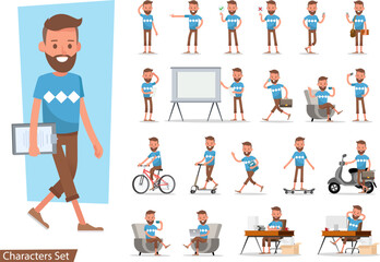 Set of office man worker character vector design. Presentation in various action with emotions, running, standing, walking and working. no4
