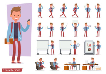 Set of office man worker character vector design. Presentation in various action with emotions, running, standing, walking and working. no7