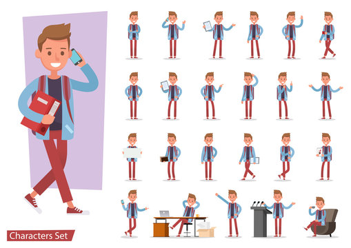 Set of office man worker character vector design. Presentation in various action with emotions, running, standing, walking and working. no8